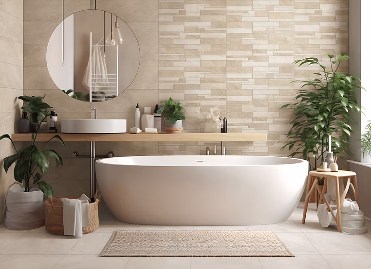 Freestanding bathtub installed in luxury bathroom remodel with accent lighting